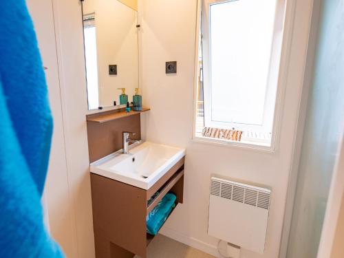 Un baño con lavabo y ventana. en Camping Saint-Cyprien, en Saint-Cyprien