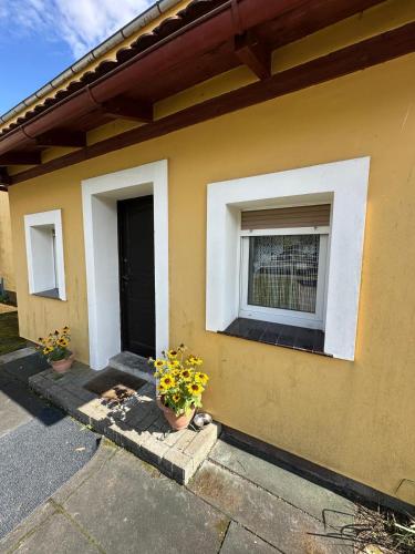 a house with two potted plants and a window at Willa Rudno Nad Jeziorem Parter in Rudno