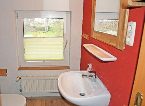 a bathroom with a white sink and a window at Appartementhaus auf Moenchgut in Thiessow