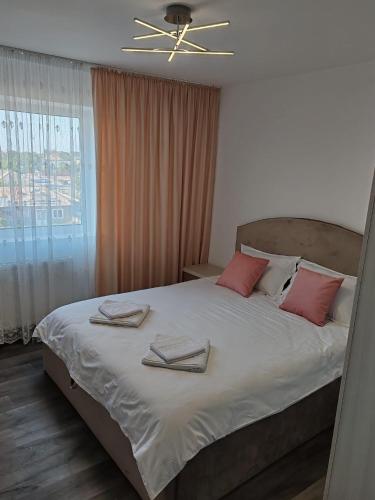 a bedroom with a large bed with red pillows at Dani-Mihaela in Jurilovca