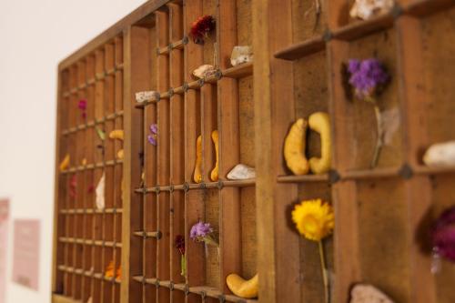 a wooden cage filled with different types of flowers at Mestiza Hostal in Humahuaca