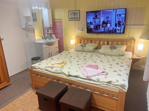 a bedroom with a large bed with a tv on the wall at Ferienunterkuenfte Schulz in Ahlbeck