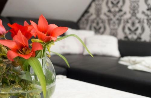 un vase avec des fleurs rouges assis sur une table dans l'établissement Stilvolles Ferienhaus in der Altstadt, à Röbel