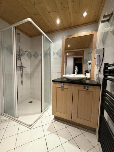 une salle de bain avec une douche en verre et un lavabo dans l'établissement Résidence L'oree Des Neiges - Appartement de 6 personnes confort un départ skis aux pieds et situé proche du centre de la station de Vallandry MAE-3711, à Peisey-Nancroix