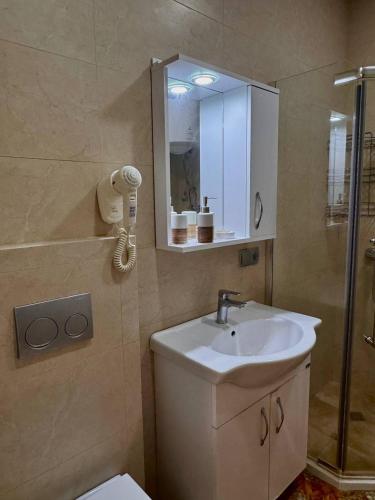a bathroom with a sink and a shower and a mirror at Blue Horizon in Batumi