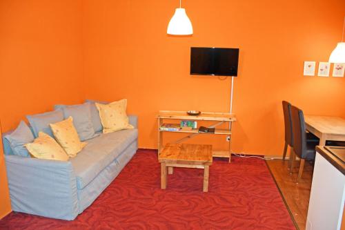 a living room with a couch and a table at Appartementhaus auf Moenchgut in Thiessow