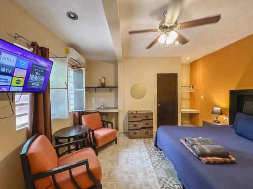 a bedroom with a bed and a flat screen tv at Casa Daniels Guesthouse in Valladolid
