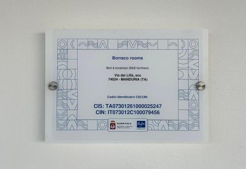 Πιστοποιητικό, βραβείο, πινακίδα ή έγγραφο που προβάλλεται στο Borraco Rooms