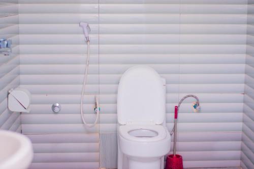 a white bathroom with a toilet and a shower at Amazing Beach Hotel Zanzibar in Nungwi