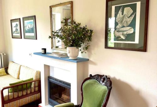 a living room with a fireplace and a green chair at Villa Adelaide Lakeview in Como