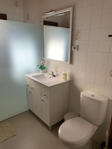 a bathroom with a toilet and a sink and a mirror at Casa do Carpinteiro in Crecíente