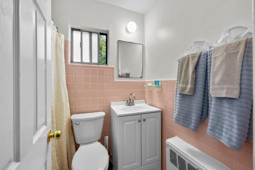 a bathroom with a toilet and a sink and a mirror at 1BR w Smart TV AC Self Check-in MI in Woodhaven