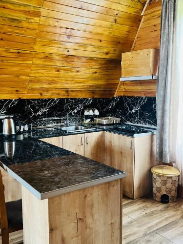 a kitchen with a counter top and a wooden ceiling at Borjomi Twins in Sadgeri