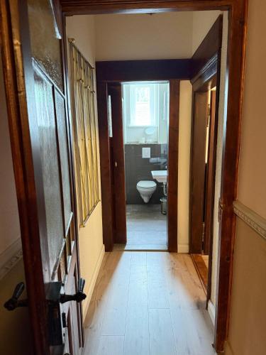 a hallway of a bathroom with a toilet and a sink at CG Haensch in Großschönau