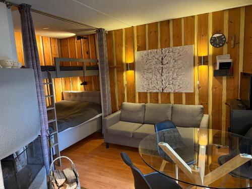 een woonkamer met een bed en een glazen tafel bij Rukankieppi in Ruka