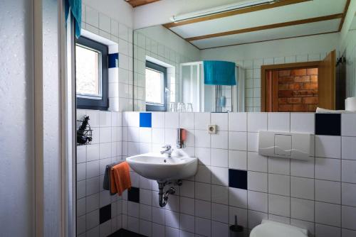 a bathroom with a sink and a mirror at öko-hotel in Neustrelitz