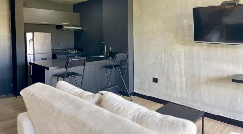 a living room with a couch and a kitchen at Hotel Rioverde-Suite localizada a 5 minutos del aeropuerto Internacional in Rionegro