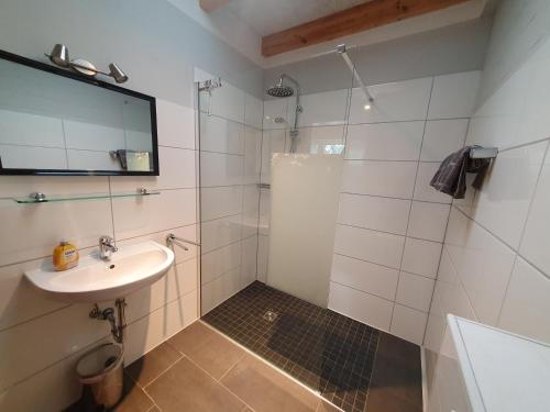 a bathroom with a sink and a shower at Ferienobjekte Claus, 35633 in Uplengen