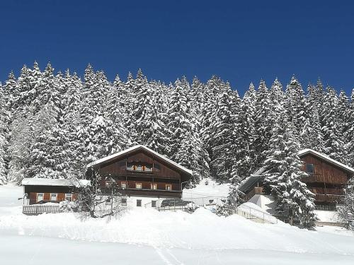 a couple of buildings in the snow with trees at Haus Lukasser in Assling