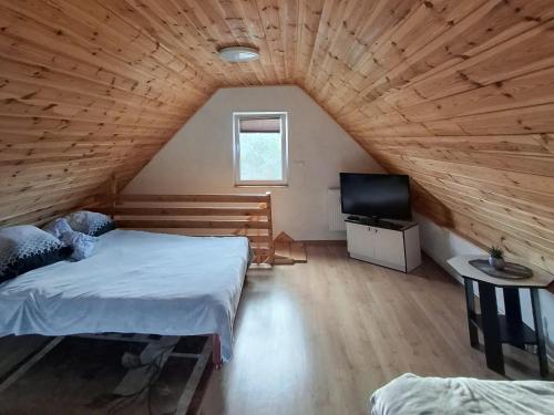 a bedroom with a bed and a flat screen tv at Domek wypoczynkowy-całoroczny in Skórcz