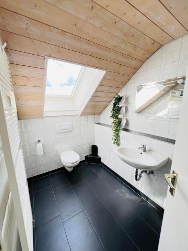 a bathroom with a toilet and a sink and a window at Residenz Cheval - BOHO - Ravensburg - Bodensee in Ravensburg