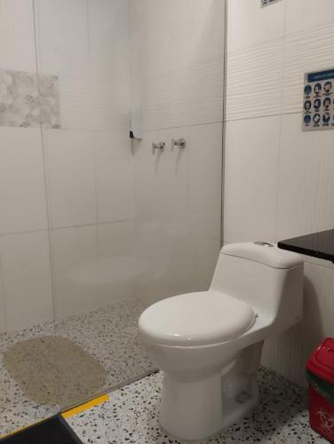 a bathroom with a white toilet and a shower at HOTEL LA SELVA JARDIN in Jardin