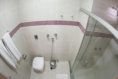 a bathroom with a toilet and a shower at Panorama Hotel in Juazeiro do Norte