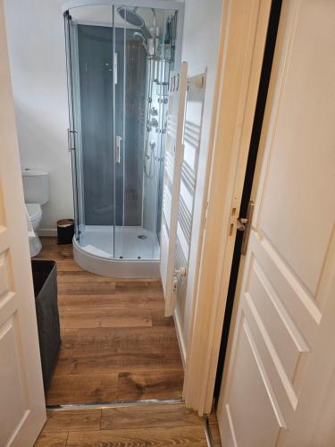 a walk in shower in a bathroom with a glass door at Maison Bois in Grosseto-Prugna