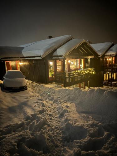 a house covered in snow at night at Apartment vårstølen - myrkdalen skisenter in Vossevangen