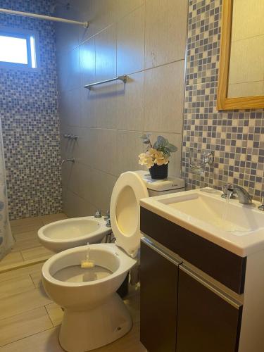 a bathroom with a toilet and a sink at Las Palmeras de Lavalle in San José