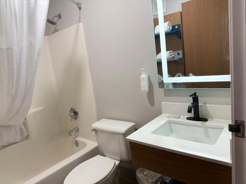 a bathroom with a white toilet and a sink at Microtel Inn & Suites by Wyndham Sioux Falls in Sioux Falls