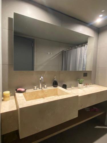 ein Badezimmer mit Waschbecken und großem Spiegel in der Unterkunft Edificio Pantera - monoambiente 7 in San Martín de los Andes