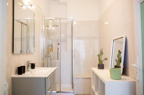 une salle de bain avec une douche, un lavabo et un miroir dans l'établissement Appartements art déco centre-ville, spacieux et lumineux, à Perpignan