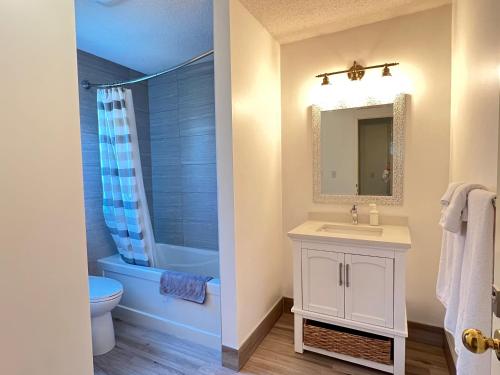 a bathroom with a sink and a toilet and a tub at Entire 6BED house easy to Banff & DT, Winsport in Calgary