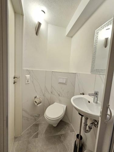 a white bathroom with a toilet and a sink at Wohnreich Blaubeuren Weiler 2 room apartment in Blaubeuren
