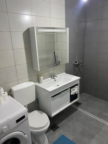 een badkamer met een toilet, een wastafel en een spiegel bij Fushkosov in Kosovo Polje