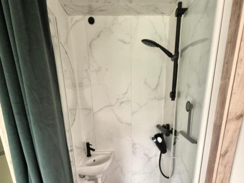 a bathroom with a shower and a toilet and a sink at Luxury tiny house with sauna in Lierneux in Lierneux
