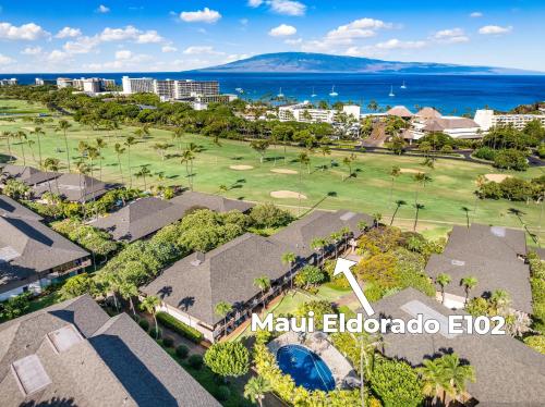 an aerial view of a golf course at a resort at Eldorado E102 · EL E102 Quiet Condo w Lanai AC Beach Cabana Gym in Kaanapali