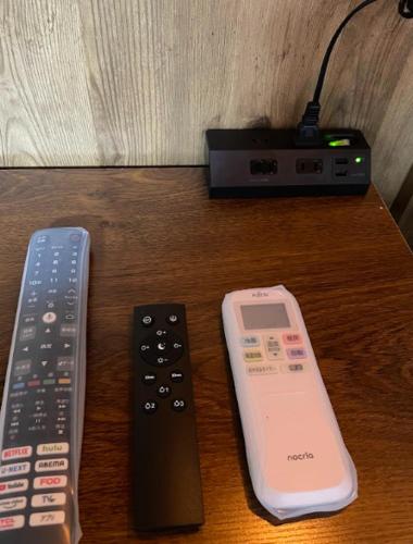 two remote controls and a camera on a table at SAMURAI Base in Hakone