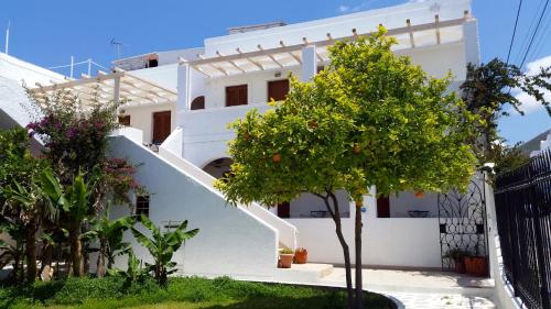 una casa bianca con un albero davanti di Rubini Rooms a Paroikia