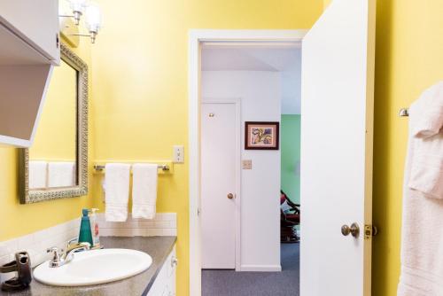 un baño con lavabo y espejo en Zilker Museum Home w King Bed, Patio Grill- Extended Stays Welcome, en Austin