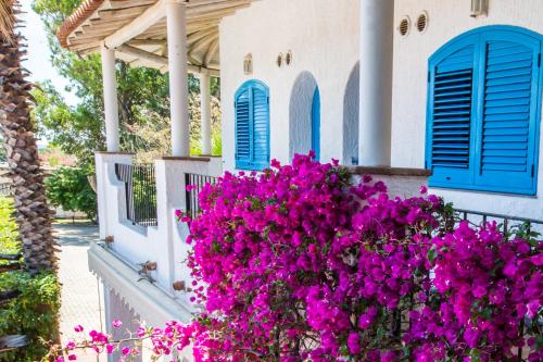a house with blue windows and pink flowers at Le Dune Sicily Hotel in Catania
