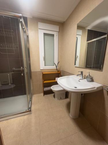 アルカデにあるCasa MariCarmen Ría de Vigoの洗面台、シャワー、トイレ付きのバスルーム