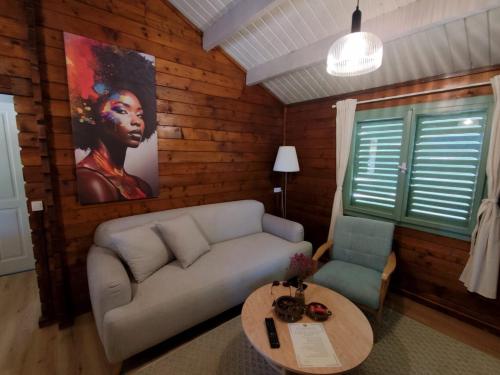 a living room with a couch and a table at הבקתה של רינת in Me‘ona