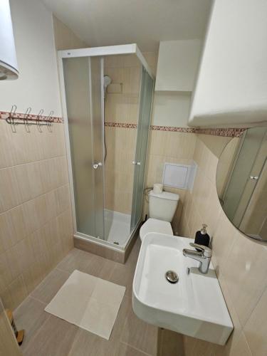 a white bathroom with a shower and a sink at Apatments Prague by Yuliia in Prague