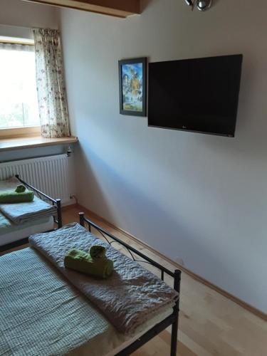 a living room with a flat screen tv on the wall at Hausveronika in Mariapfarr