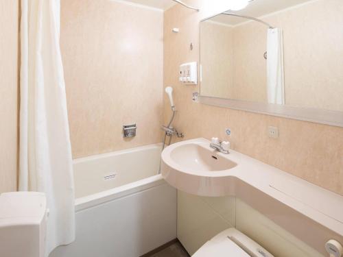 a bathroom with a sink and a toilet and a mirror at Comfort Hotel Narita in Narita
