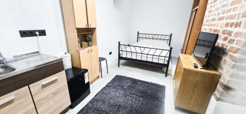 a kitchen with a sink and a crib in a room at Wagners Refuge 3 in Riga