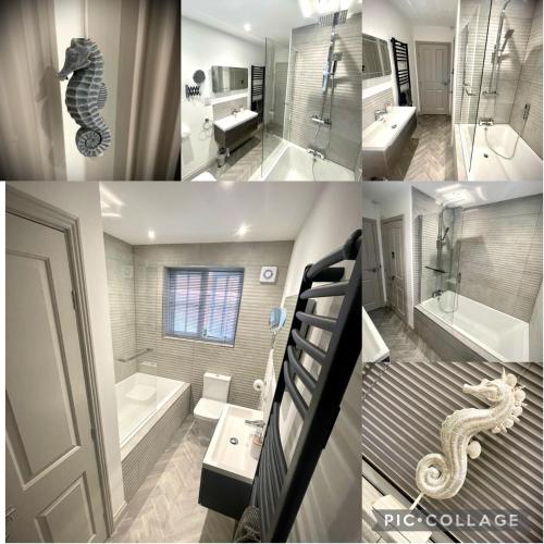 a collage of three pictures of a bathroom at The Bay, Filey, Moonshine Cottage in Filey