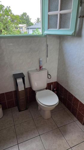 a bathroom with a toilet and a window at Haut de Villa T3, convivial à la campagne in Saint-Joseph